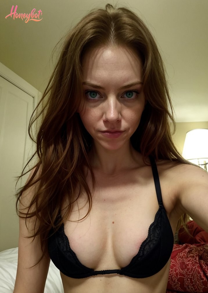 A woman with long brown hair and blue eyes is wearing a black lace bra. Her face is visible, showing a neutral expression. Her upper body is visible, including her chest and shoul…